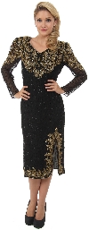 Main image of Tea Length Long Sleeves Petal Beaded Formal Dress