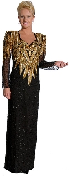 Full Sleeves Sequined Formal Gown with Keyhole Back in Black/Gold