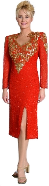 Full Sleeves Medium Length Sequined Cocktail Dress in Red/Gold