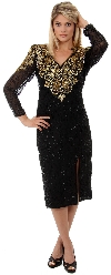 Main image of Full Sleeves Tea Length Silk Sequined Formal Dress with Slit