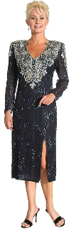Full Sleeves Tea Length Silk Sequined Formal Dress with Slit in Navy/Silver