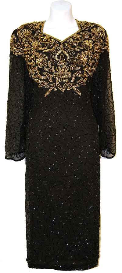 Full Sleeves Below Knee Length Sequined Formal Dress