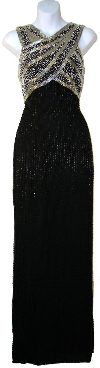 Sleeveless Long Formal Dress with Wrap Style Beaded Bodice in Black/Silver