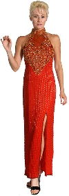 Closed Neck Full Length Beaded Formal Gown in Red/Gold