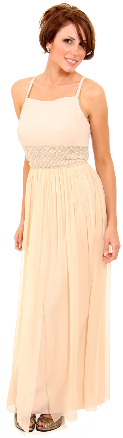 Long Formal Dress with Crossed Back & Beaded Belt