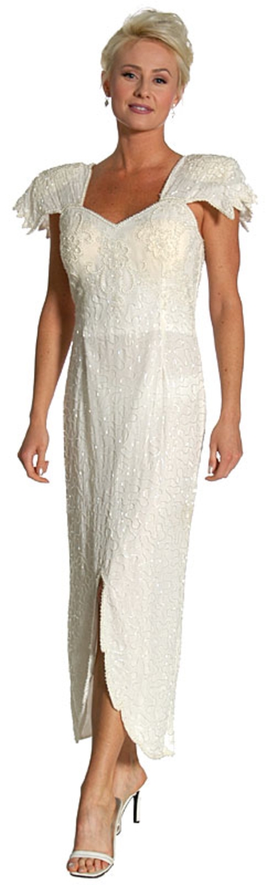 Flutter Sleeves Beaded Formal Dress with U-Cut Hem