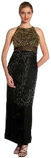 Sheer Waistline & Back Beaded Formal Evening Dress in Black/Gold
