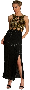 Sequined Long Gown with Keyholes & Stylish Back in Black/Gold