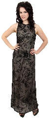 Floral Black Beaded Silk Formal Dress in Black/Nude
