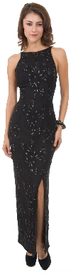 Main image of Boat Neck Floral Beaded Formal Evening Dress with Slit