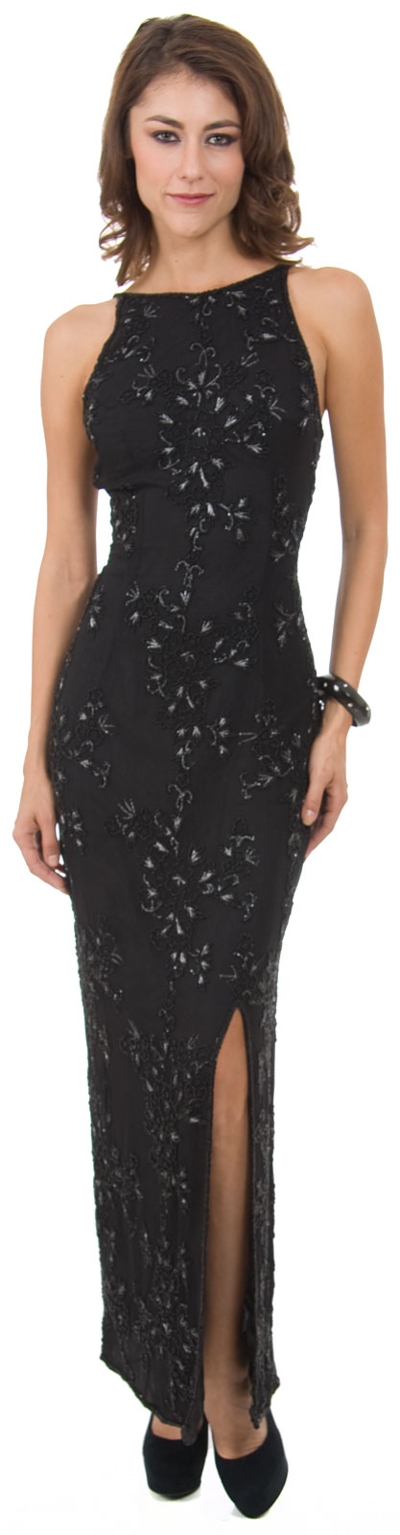 Boat Neck Floral Beaded Formal Evening Dress with Slit