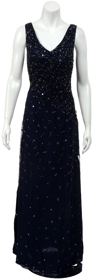 V-neck Sleeveless Full Length Beaded Formal Dress.