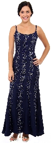 Flared Sequined Prom Dress with Spaghetti Straps in Navy