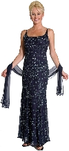 U-Neck Silk Chiffon Gown with Miniature Flowers Beading in Navy