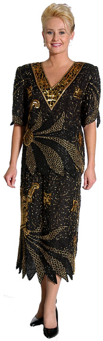 Short Sleeves Tea Length Formal Beaded Two Piece Dress