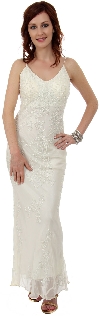 V Neck Beaded Long Formal Evening Dress in Ivory