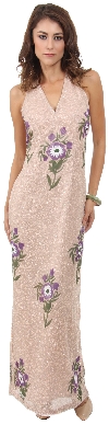 Main image of Halter Neck Long Formal Cocktail Dress with Painted Flowers