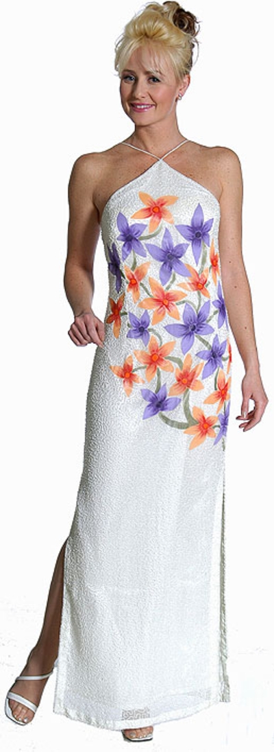 Halter Neck Beaded Formal Gown with Painted Flowers