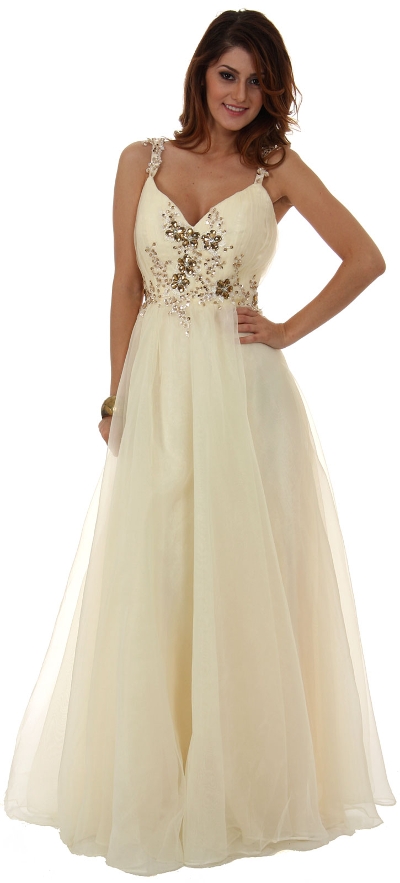 A-Line Organza Long Formal Prom Dress with Beading