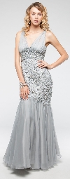 Bejeweled Lace Bodice Mermaid Skirt Long Formal Prom Gown in Silver