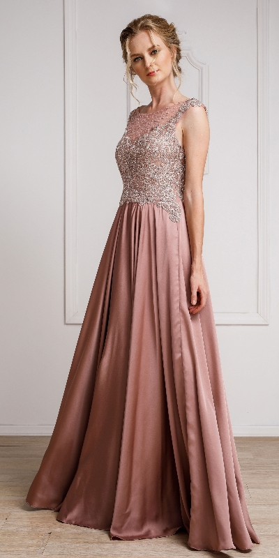 Embellished Sheer Top Long Prom Pageant Satin Dress
