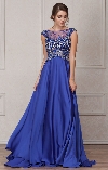 Embellished Sheer Top Long Prom Pageant Satin Dress in Royal Blue