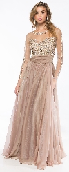 Main image of Full Sleeves Mesh Beaded Bodice Long Prom Pageant Dress