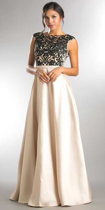 Boat Neck Mesh Embroidered Top Long Formal Evening Dress