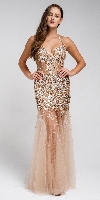 Long Embellished Halter Tulle Prom Dress in Gold