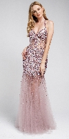 Long Embellished Halter Tulle Prom Dress in Rose