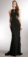 Beaded Lace & Mesh Bodice Long Prom Pageant Dress in Black