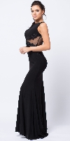 Lace Accent Sheer Waist Long Formal Evening Jersey Dress in Black