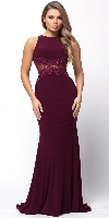 Lace Accent Sheer Waist Long Formal Evening Jersey Dress in Burgundy