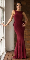 Ruffled Back Fit-n-Flare Long Formal Evening Jersey Dress in Burgundy