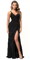 Double Spaghetti Straps Overlay Bodice Long Bridesmaid Dress in Black