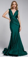 Satin Fitted V Neck Prom Dress in Green