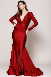Main image of V Neck Rouched Formal Dress with Long Sleeves