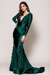 V Neck Rouched Formal Dress with Long Sleeves in Emerald Green