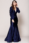 V Neck Rouched Formal Dress with Long Sleeves in Navy