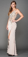 V-Neck Mesh Bejeweled Bodice Long Prom Pageant Dress in Champaign