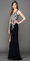 Main image of V-Neck Mesh Bejeweled Bodice Long Prom Pageant Dress