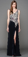 V-Neck Mesh Bejeweled Bodice Long Prom Pageant Dress in Navy