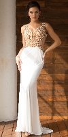 V-Neck Embellished Bodice Sheer Back Long Prom Dress in Off White