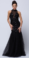 Main image of High Neck Beaded Bodice Mermaid Style Mesh Long Prom Dress