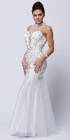 High Neck Beaded Bodice Mermaid Style Mesh Long Prom Dress in Off White