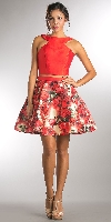 Solid Crop Top Short Floral Print Skirt Homecoming Dress in Red