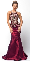 Embellished Bodice Round Neck Fit-n-Flare Long Prom Dress in Burgundy