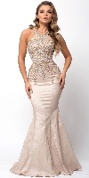 Embellished Bodice Round Neck Fit-n-Flare Long Prom Dress in Champaign