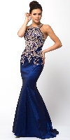 Embellished Bodice Round Neck Fit-n-Flare Long Prom Dress in Navy