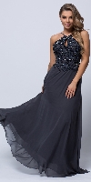 Main image of Beaded Halter Top Spaghetti Straps Long Formal Prom Dress